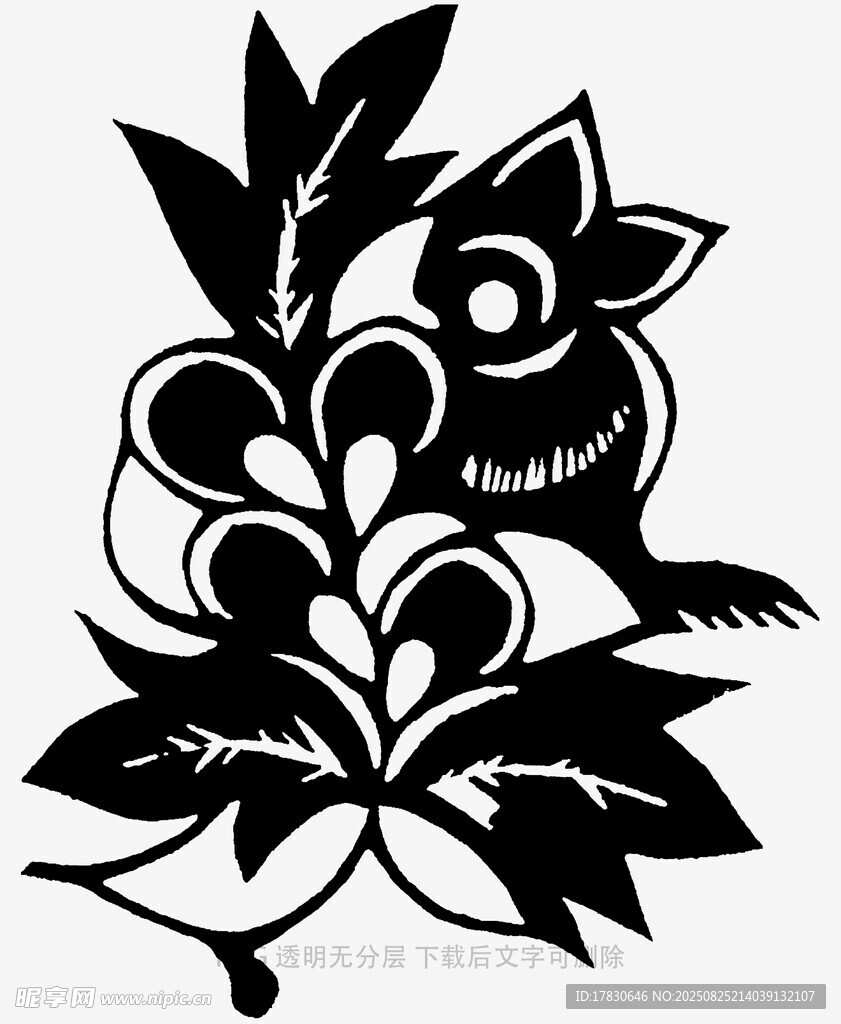 剪纸风格黑猫与花卉图案