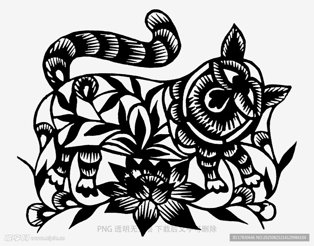 黑白花纹猫与花卉图案