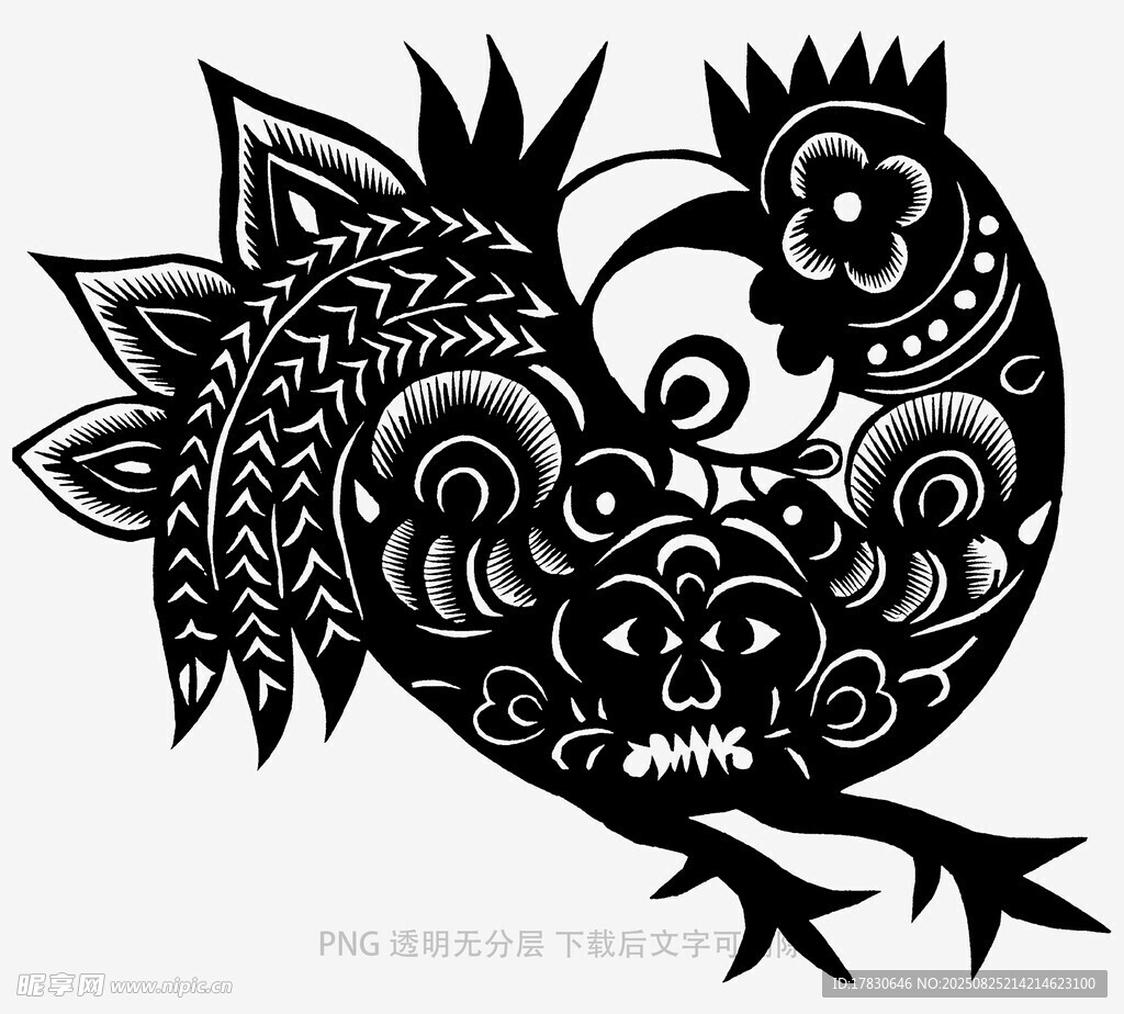 传统剪纸风公鸡图案设计