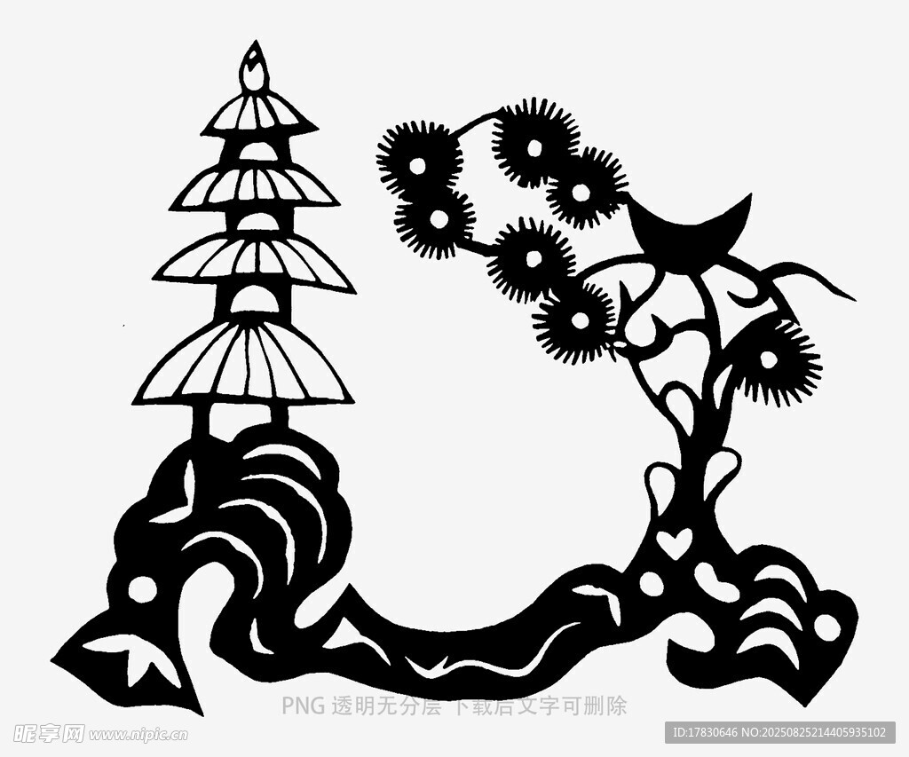 中式剪纸风山水花鸟图案