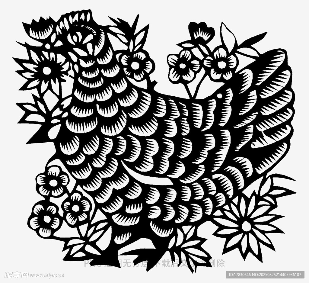 传统剪纸风的花纹母鸡图案