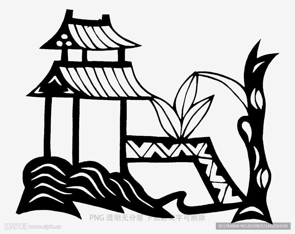 中式古风亭景剪纸图案