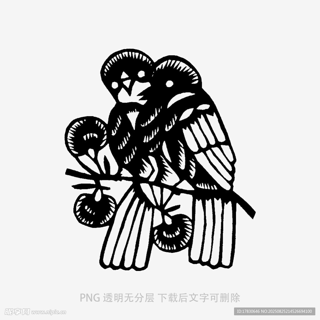 黑白剪纸风枝头双鸟图