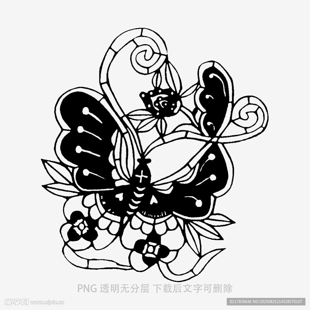 蝴蝶花卉黑白装饰图案