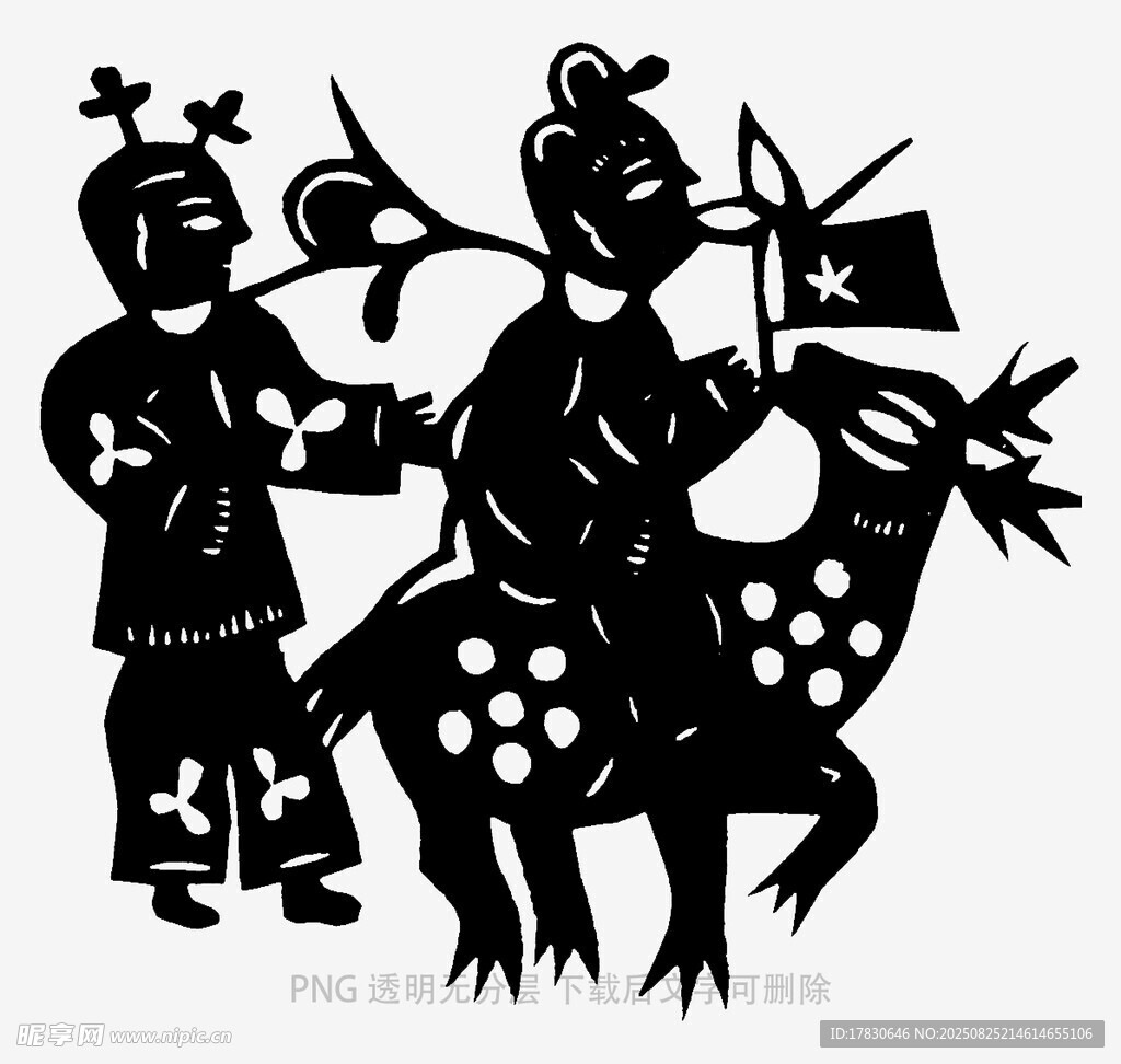 古代人物骑鹿出行剪影