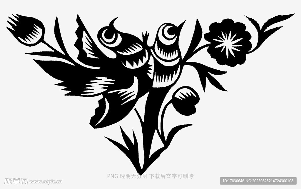黑白花卉飞鸟纹身图案