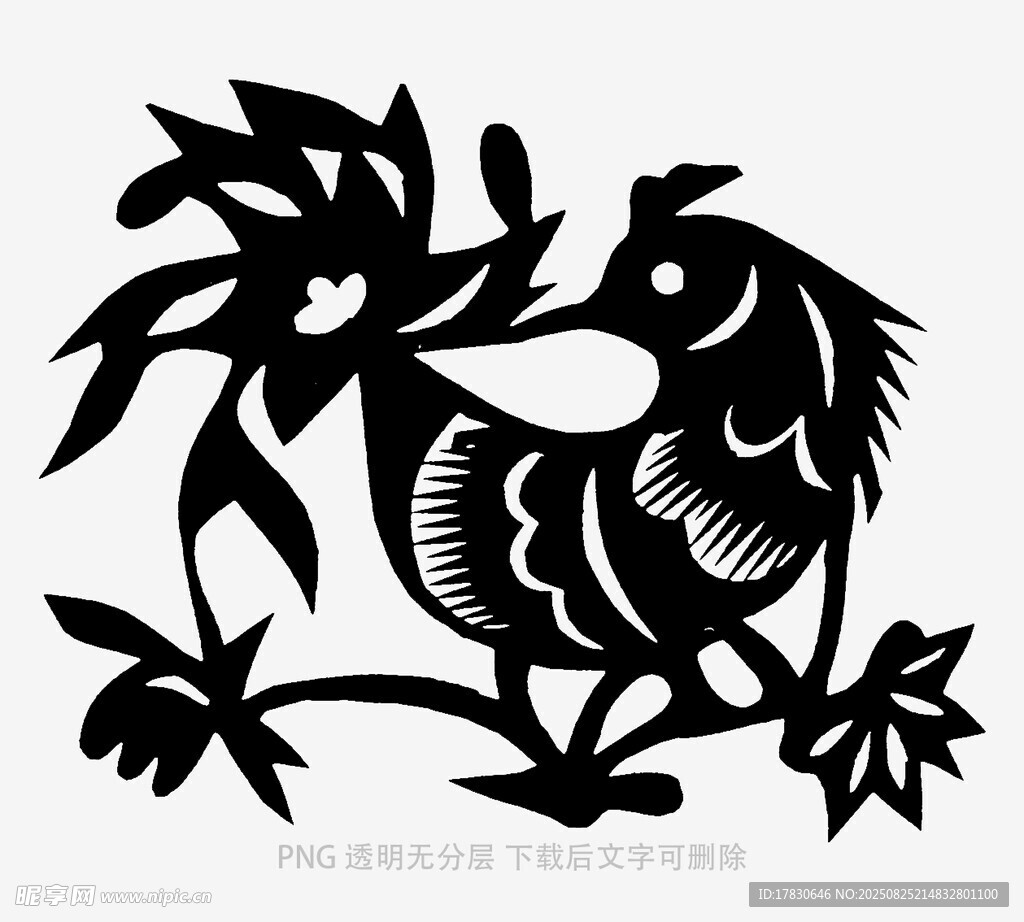 剪纸风黑公鸡与植物图案