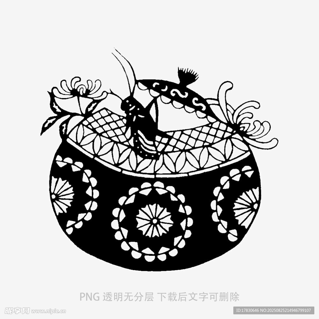 黑白手绘风篮中鸟与花