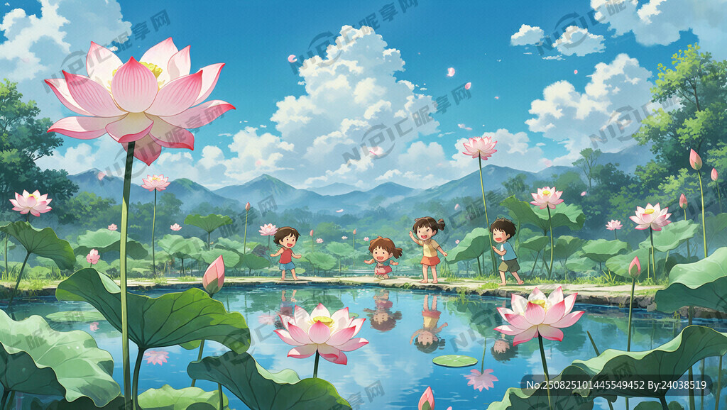 荷花儿童嬉戏