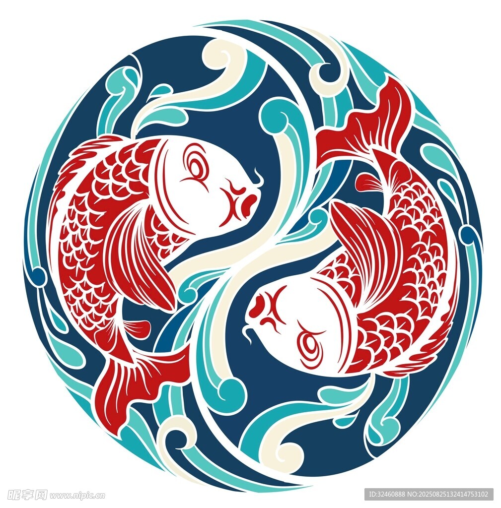 双锦鲤海浪中式吉祥图案
