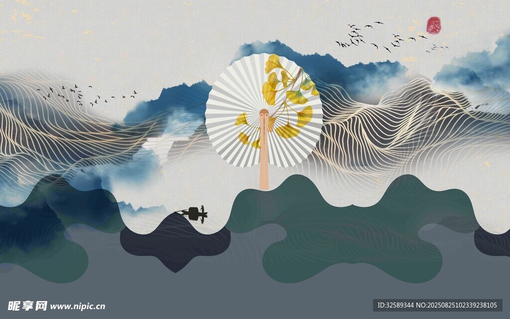 中式古风山水插画意境图