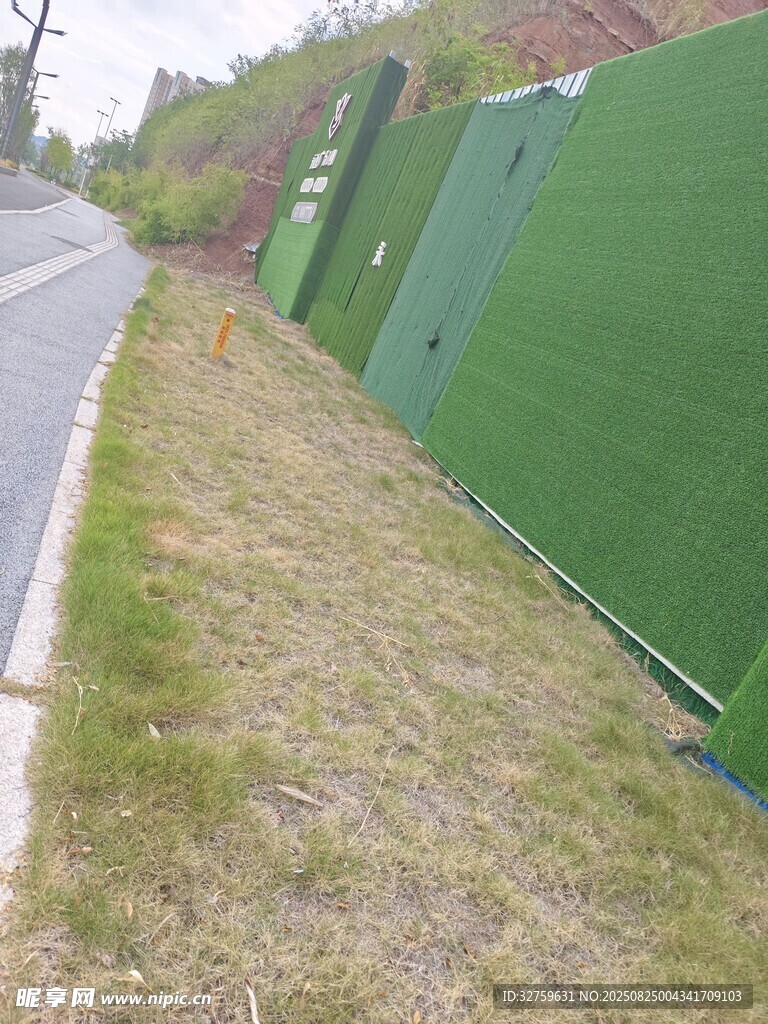 路边绿色围挡及周边草地