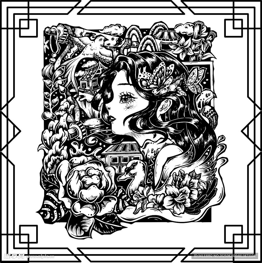 黑白花卉少女人像艺术木刻木版画