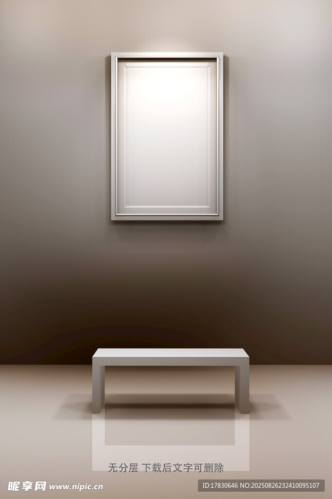 简约室内空白画框与长椅