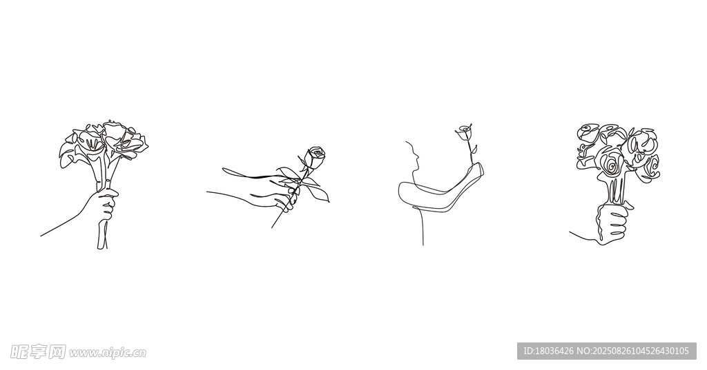 手拿玫瑰花连续线条画png