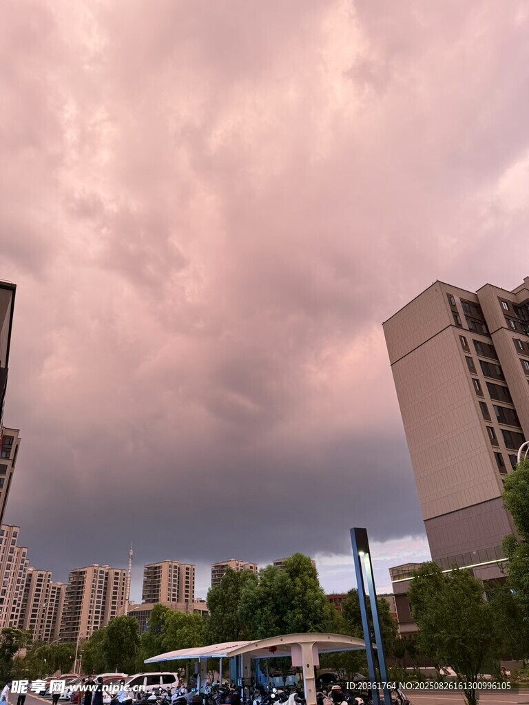 城市上空的粉紫色云层
