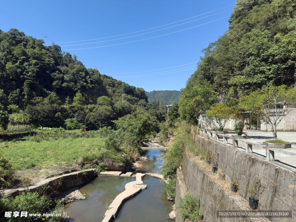 山间溪流伴绿植美景