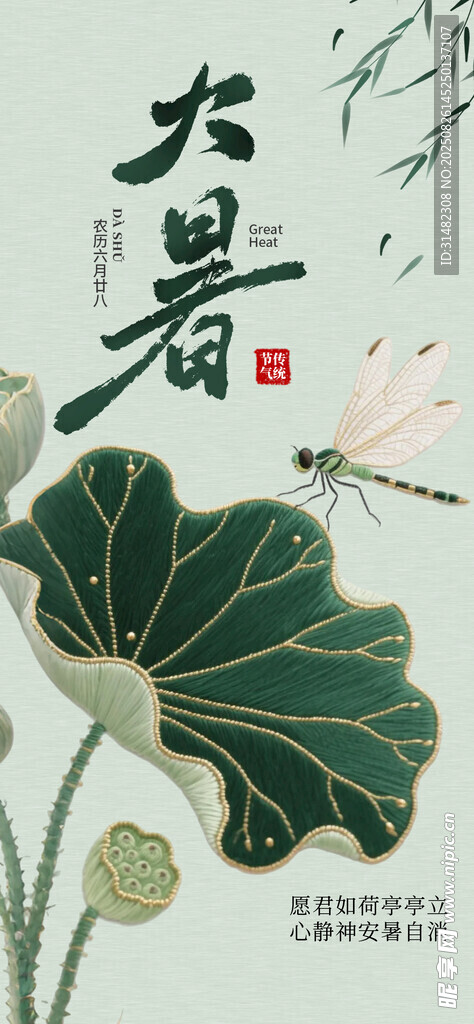 大暑时节荷叶插画
