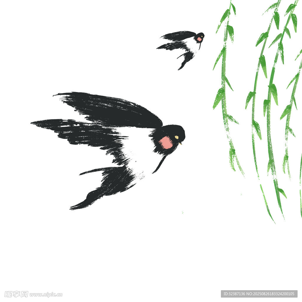 水墨飞鸟与垂柳