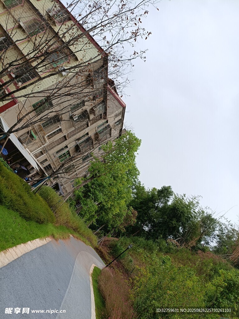 废弃楼房旁的蜿蜒小路