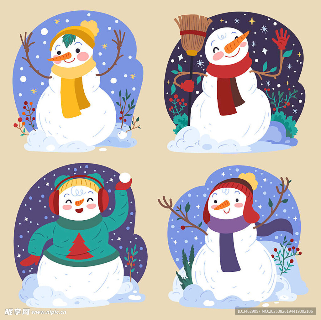 四幅可爱雪人插画