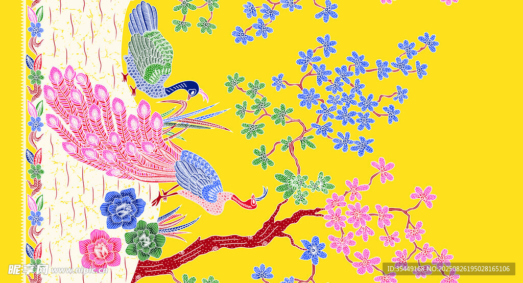 黄色背景花鸟图案插画