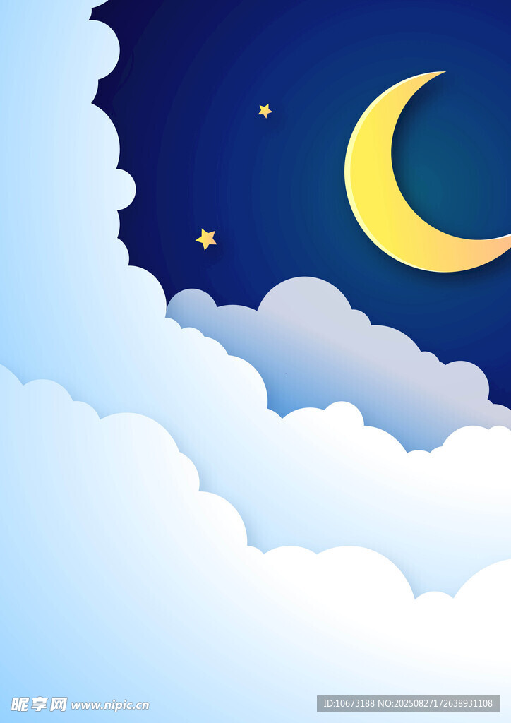 夜空下的弯月与云朵
