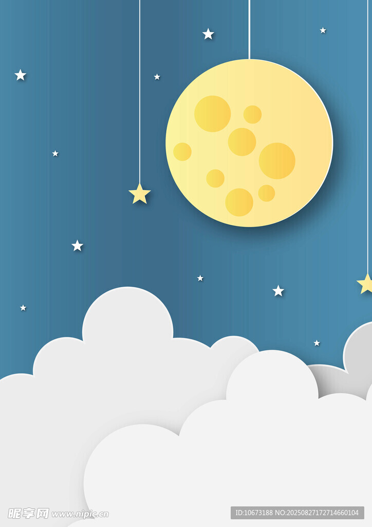 夜空明月伴云朵与星星