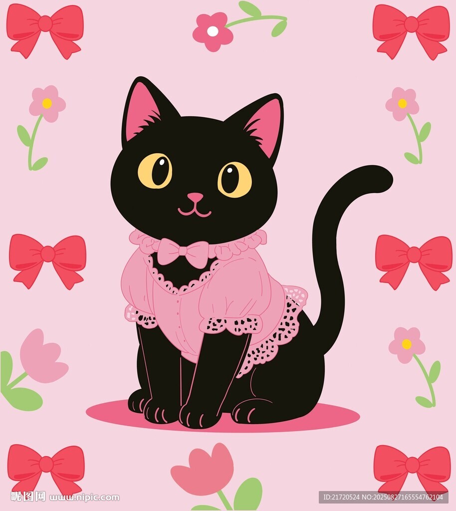 穿粉色蕾丝花边衣服的黑色猫咪