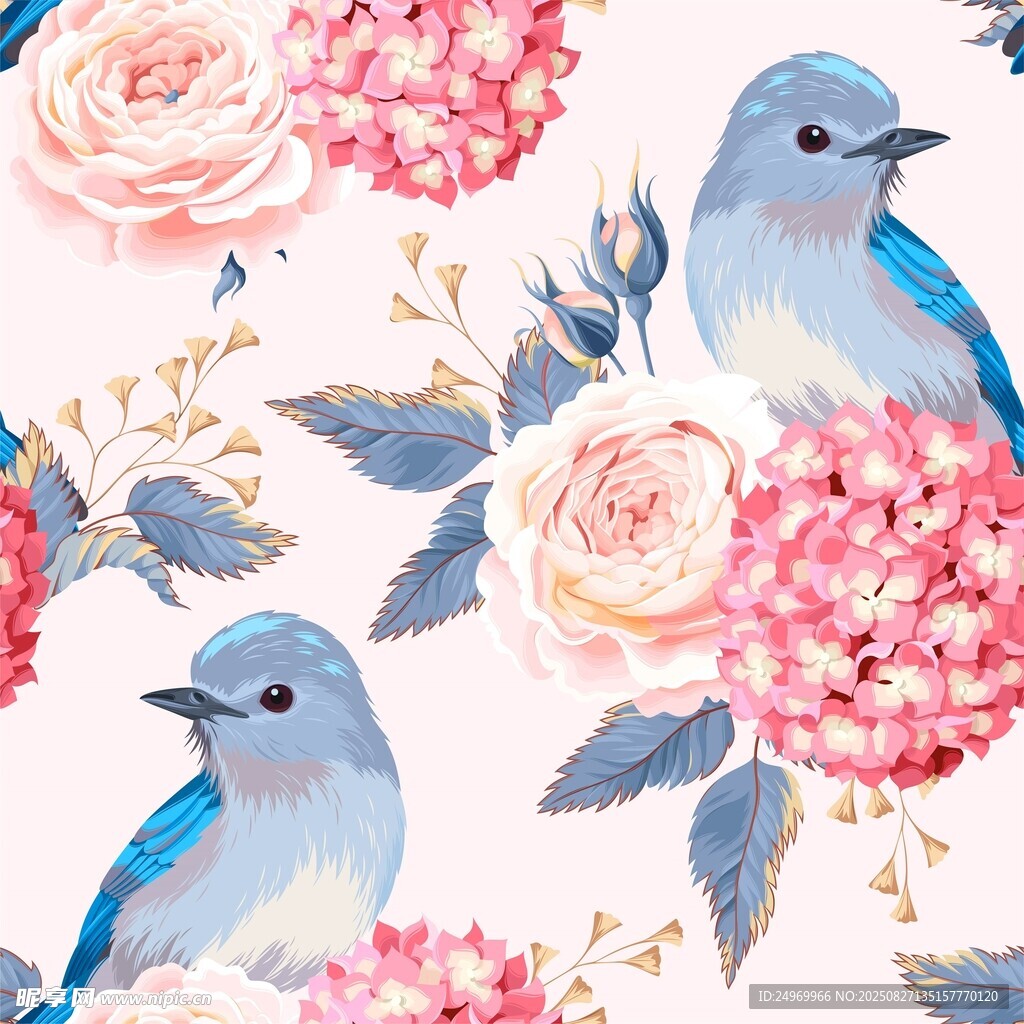 蓝鸟与花卉的唯美图案