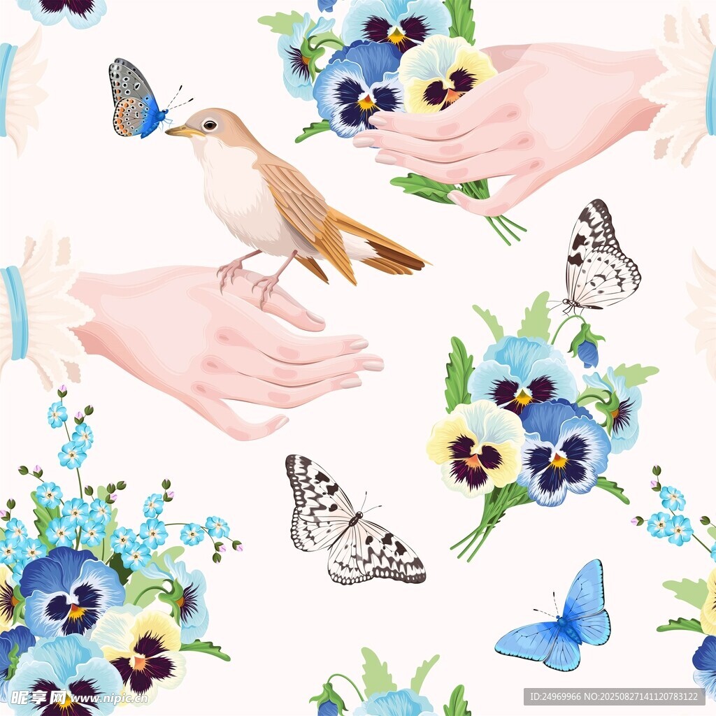 手与花鸟的梦幻水彩画面