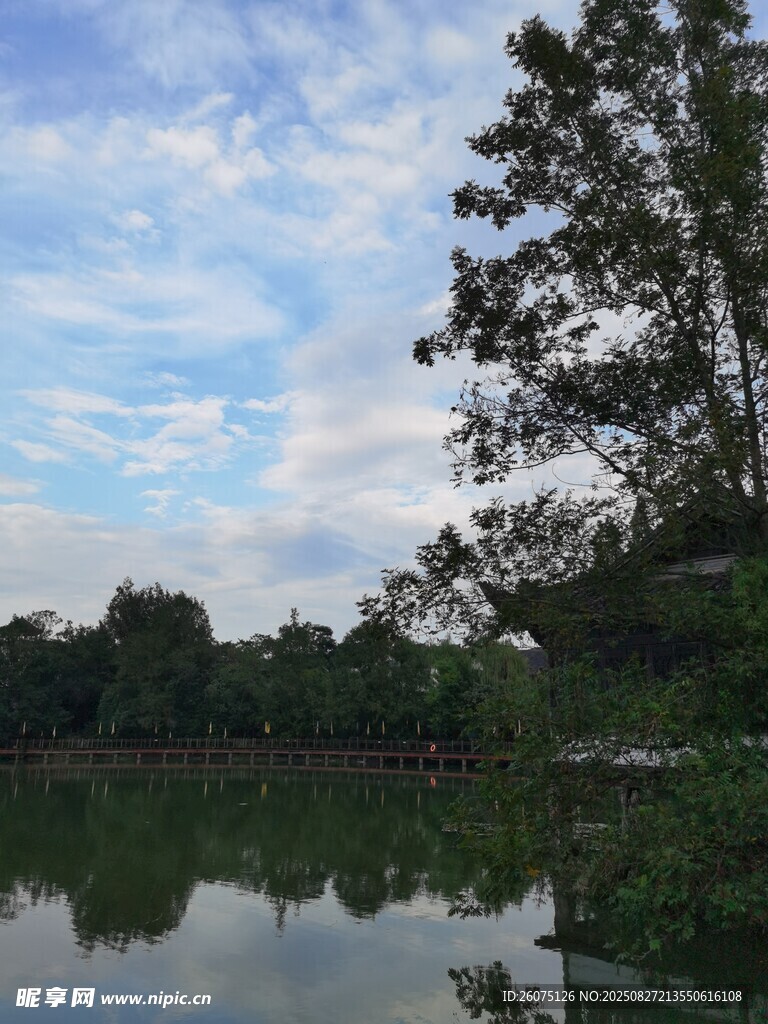 湖畔绿树蓝天静谧美景