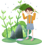 男孩持叶在雨中的清新场景