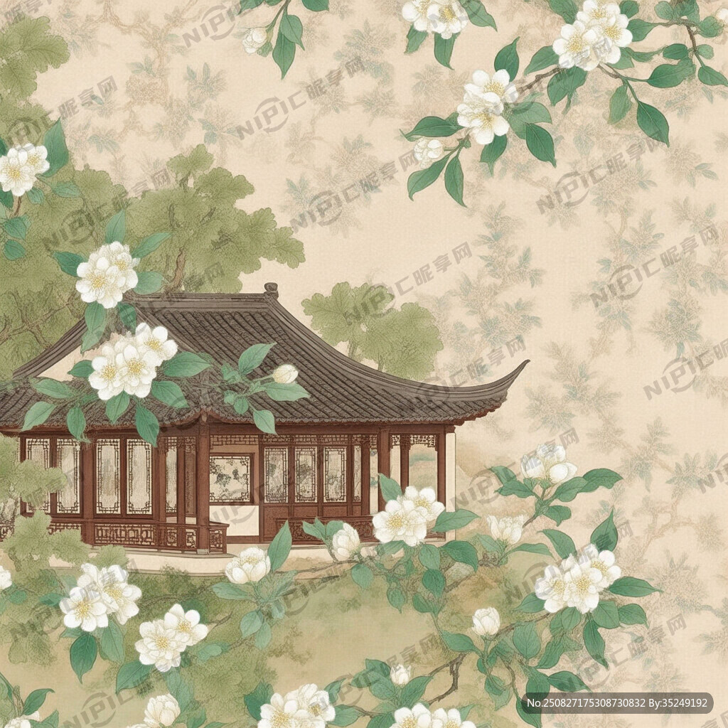 新中式印花图    有房子  