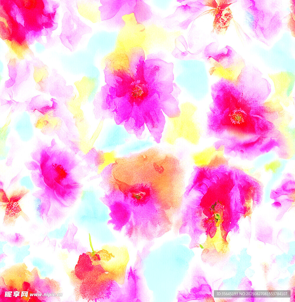 缤纷梦幻花卉水彩图案数码印花