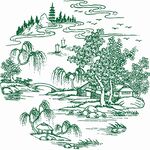 中式山水风景线描图