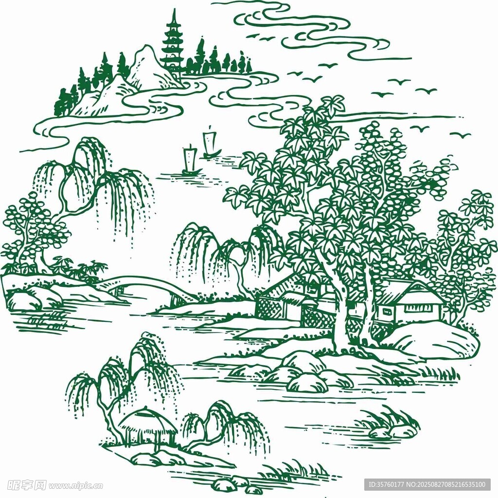 中式山水风景线描图