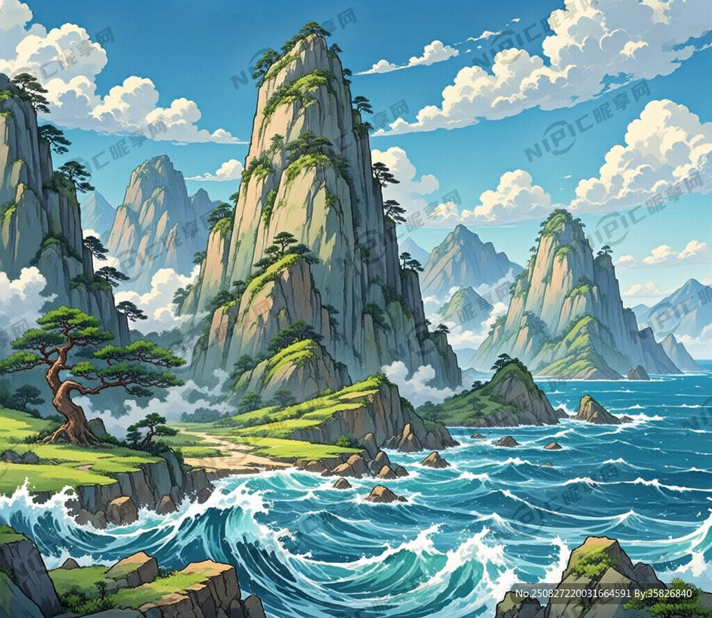 一座巍峨的山峰下有大海的波涛