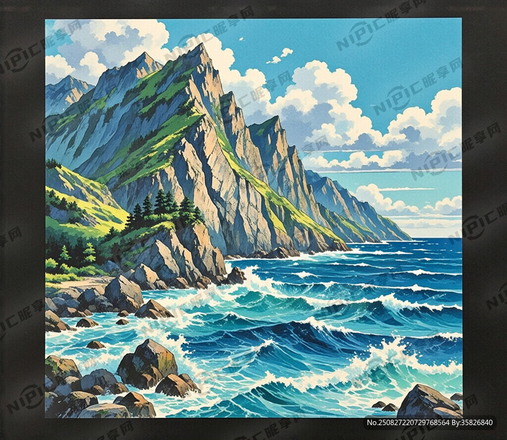 一座巍峨的山峰下有大海的波涛