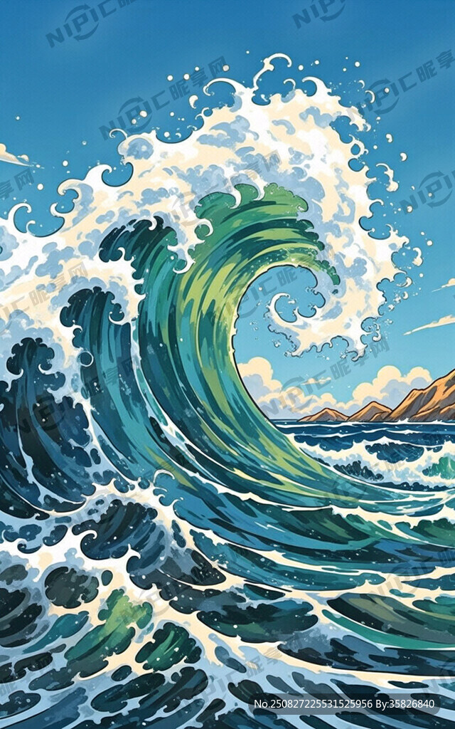 高卷起的浪花。手绘插图漫画风格