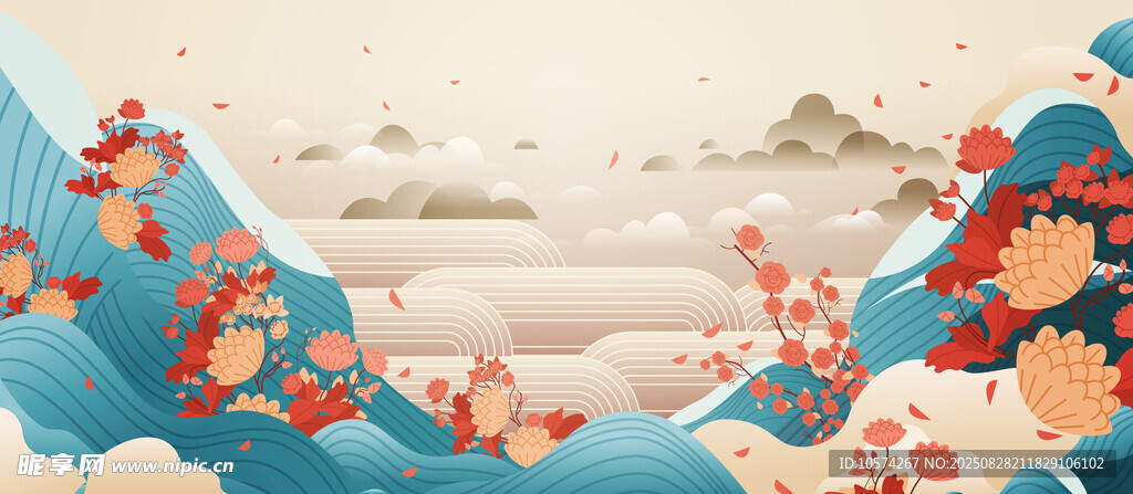 中秋国风插画中的梦幻山海场景
