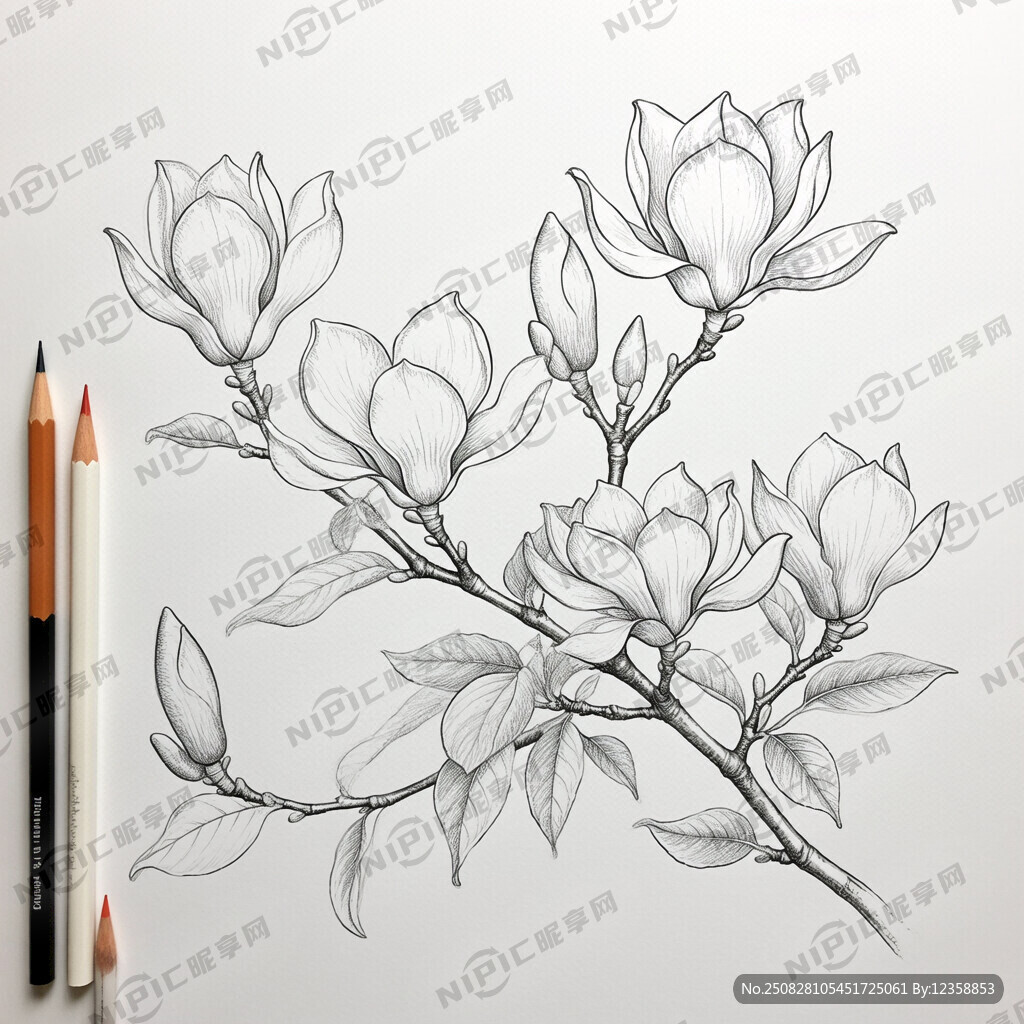 广玉兰 手绘 线条 白色背景