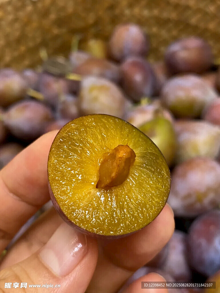 手捧切开的新鲜黄心李子