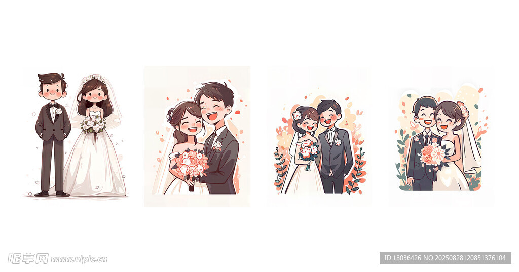 手绘卡通新郎新娘婚纱婚礼png
