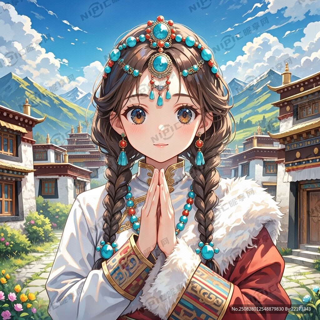 面朝正前方的大眼睛的带头饰的藏