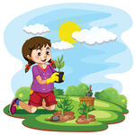 小女孩户外开心种植幼苗
