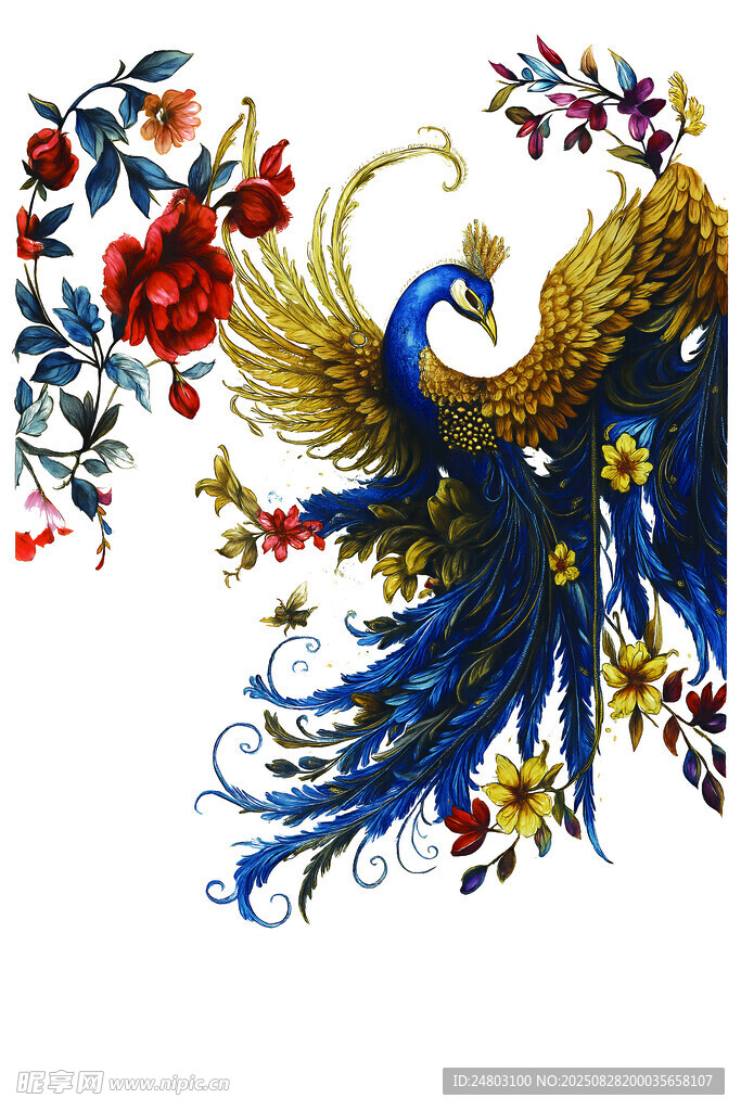 蓝孔雀与花卉刺绣图案