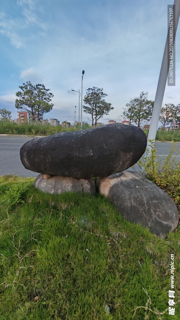 草地上的黑色石质雕塑