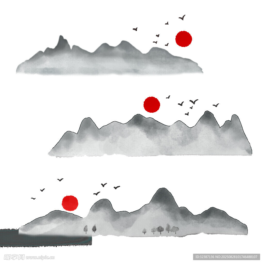 水墨山水红日飞鸟图景