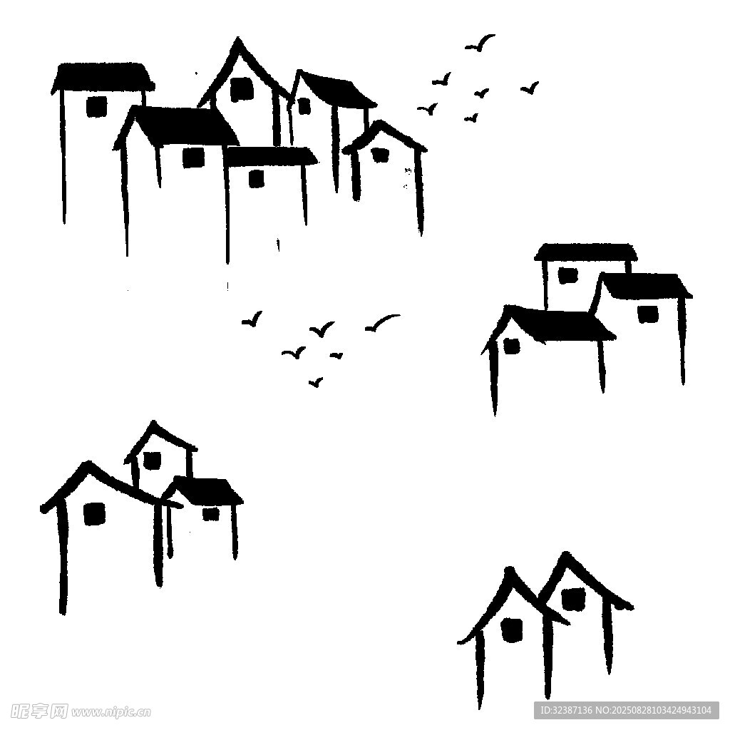 水墨风乡村房屋飞鸟图景